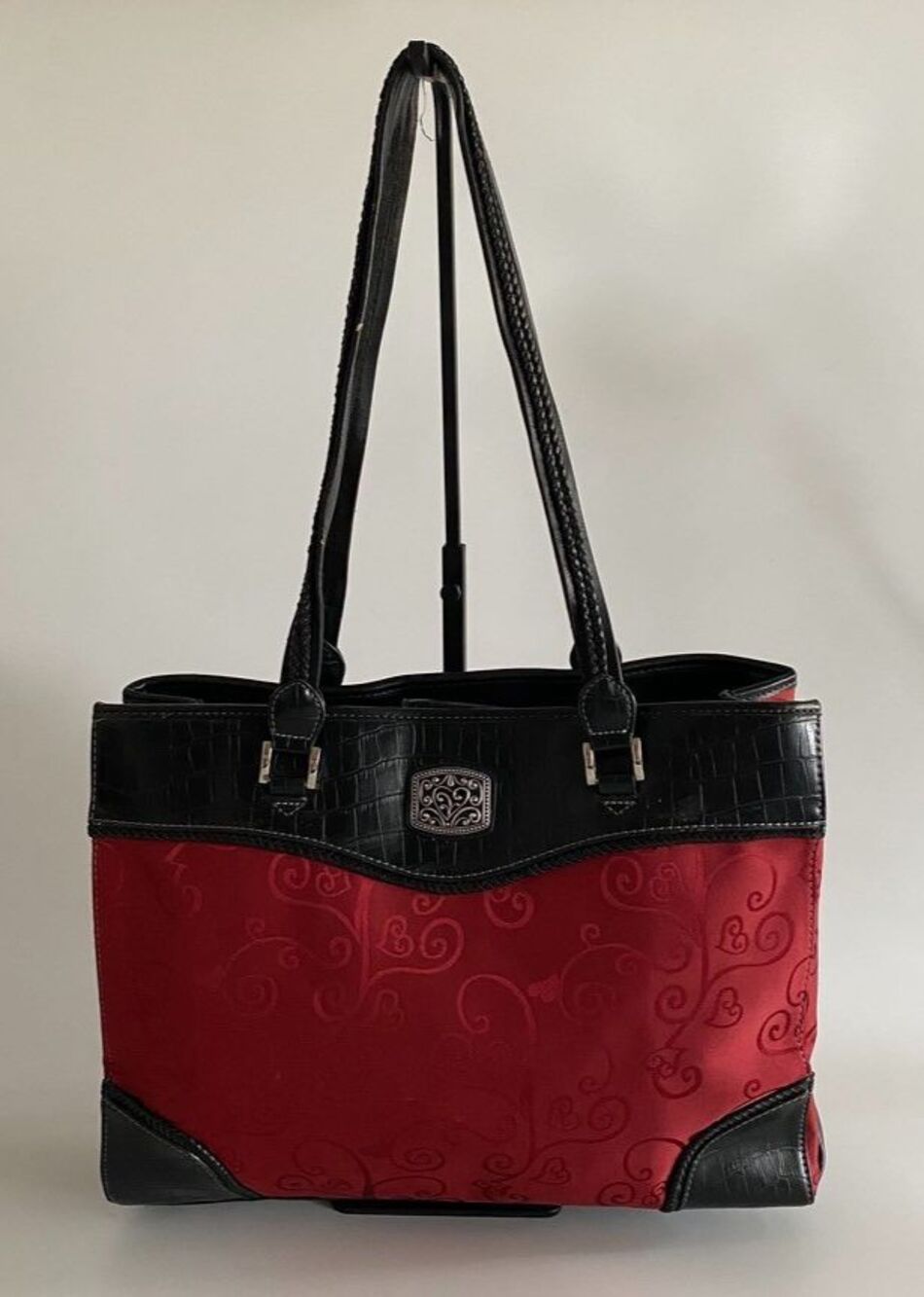 Coldwater Creek Burgundy Black Tote Bag Heart Scroll Faux Leather Shoulder Purse